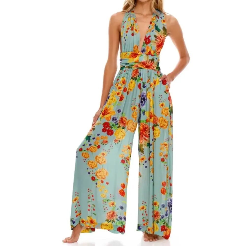 Agua Bendita Florence Bouk Jumpsuit \ Womens S Floral Halter Backless Wide Leg
